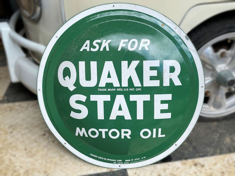 Original painted tin Quaker State Motor Oil circular sign