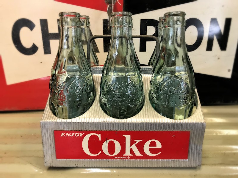Original Coca Cola 6 pack metal carrier and bottles
