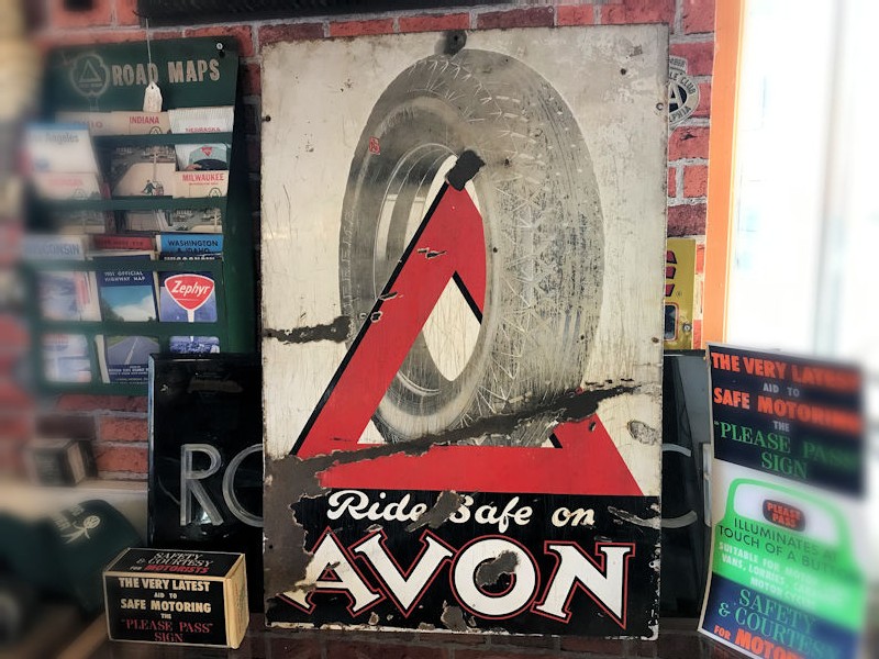 All original early enamel Ride Safe On Avon tyres sign