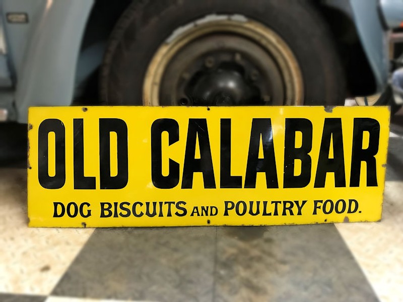 Original enamel Old Calabar dog biscuits and poultry food sign