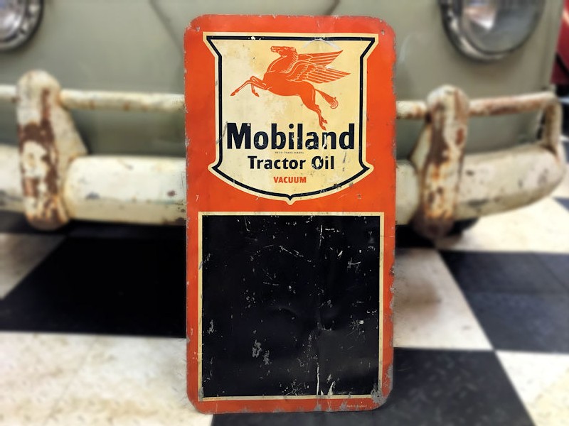 Original painted tin Mobiland tractor oil sign and chalk board