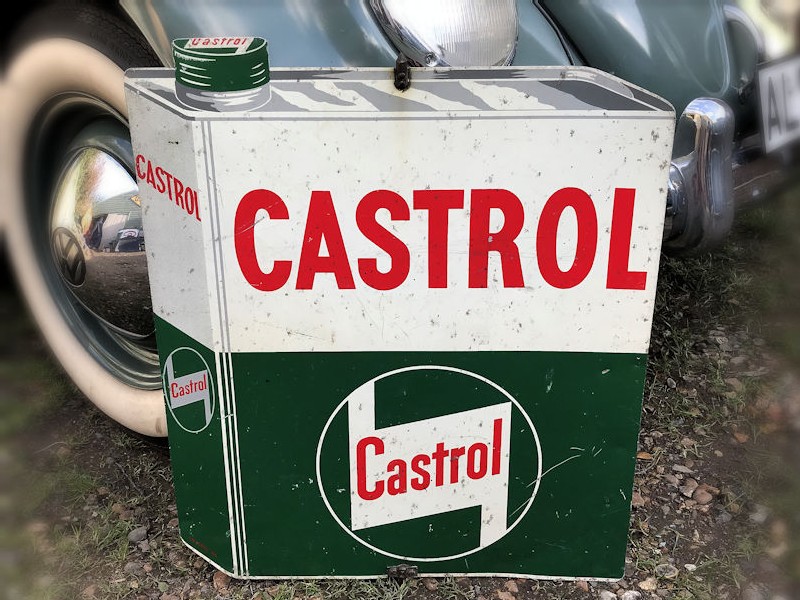 Double sided oil can shaped Castrol die cut sign