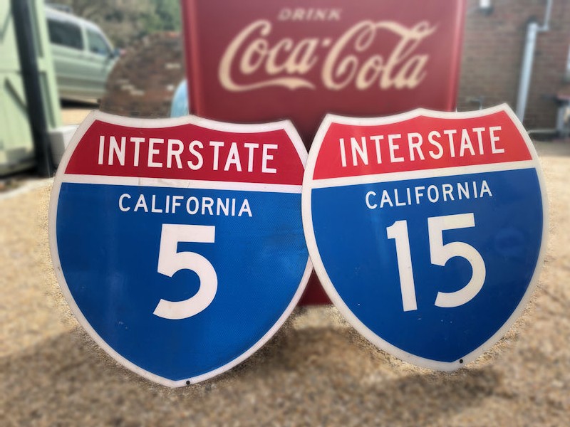 Original California Interstate 5 and 15 aluminium signs