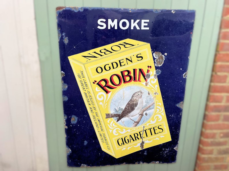 Original vintage Ogdens Robin cigarette enamel sign