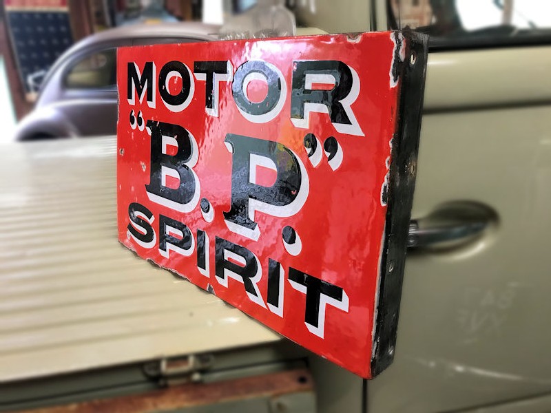 Original enamel BP Motor Spirit double sided flange sign
