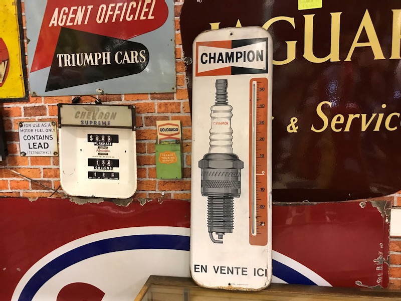Circa 1960s Champion spark plug tin thermometer sign