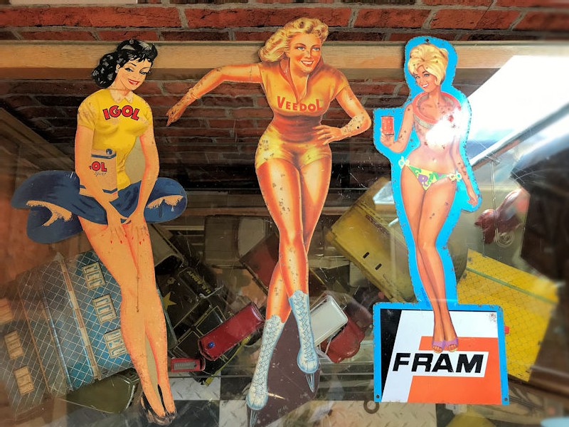 1950s Vintage tin die cut Igol, Veedol and Fram pin up girls
