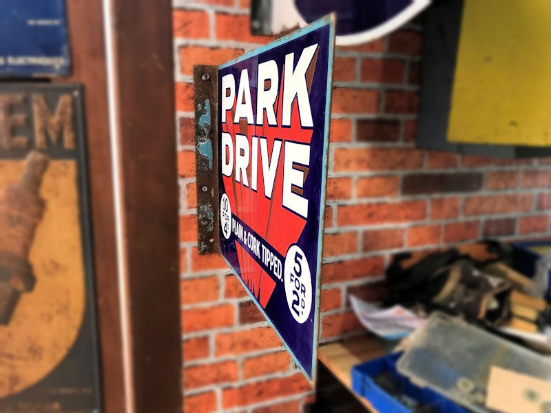 Original vintage double sided Park Drive Plain and Cork Tipped cigarette enamel flange sign