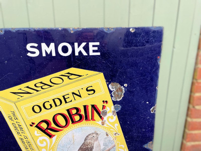 Original vintage Ogdens Robin cigarette enamel sign
