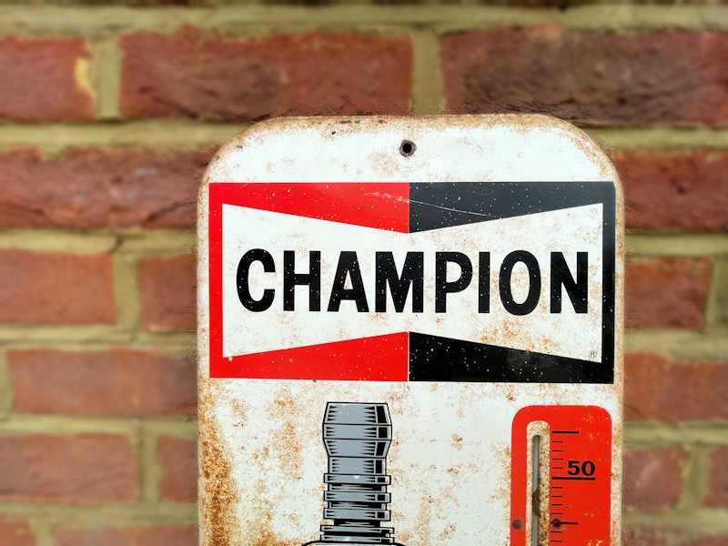 Original Champion spark plug painted tin thermometer
