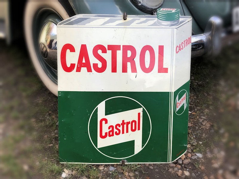 Double sided oil can shaped Castrol die cut sign