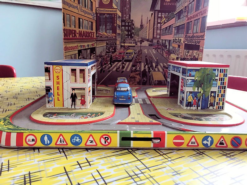 1960s Shell themed tin plate toy zebra crossing and garage