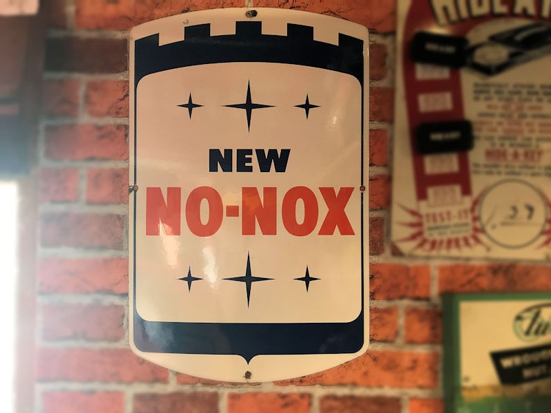 Original enamel New No Nox gas petrol pump plate