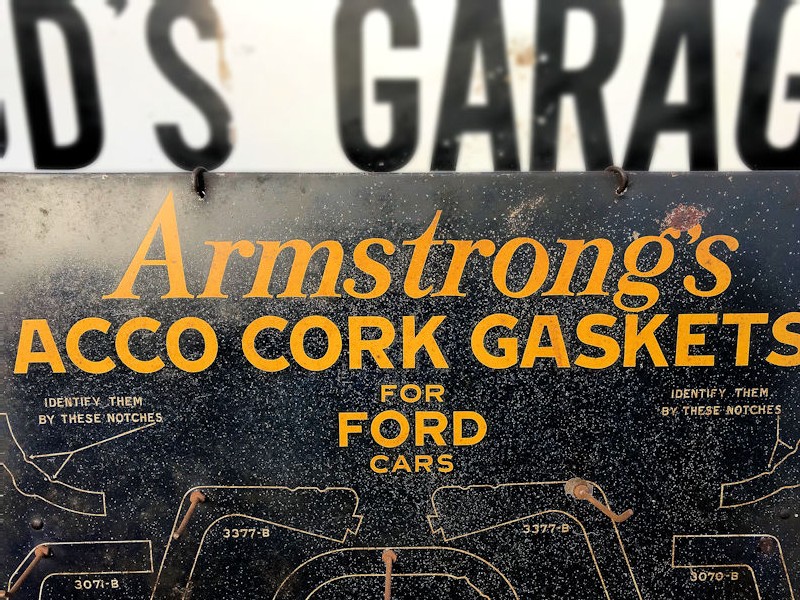 Early Armstrongs Acco Cork Gaskets for Ford Cars painted tin display rack