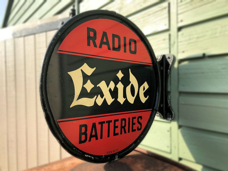 Original double sided painted tin Drydex and Exide radio and torch battery flange sign