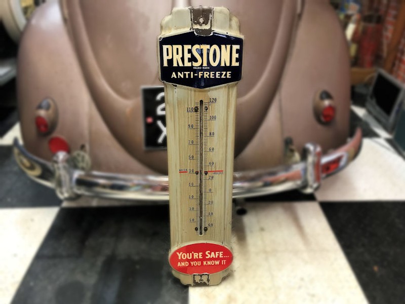 Original enamel Prestone thermometer sign