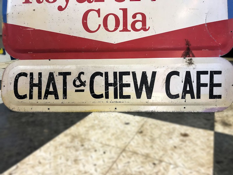 Original painted tin Chat and chew cafe sign