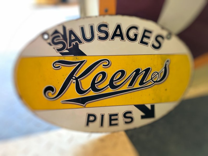 Double sided enamel Keens pie and sausage sign