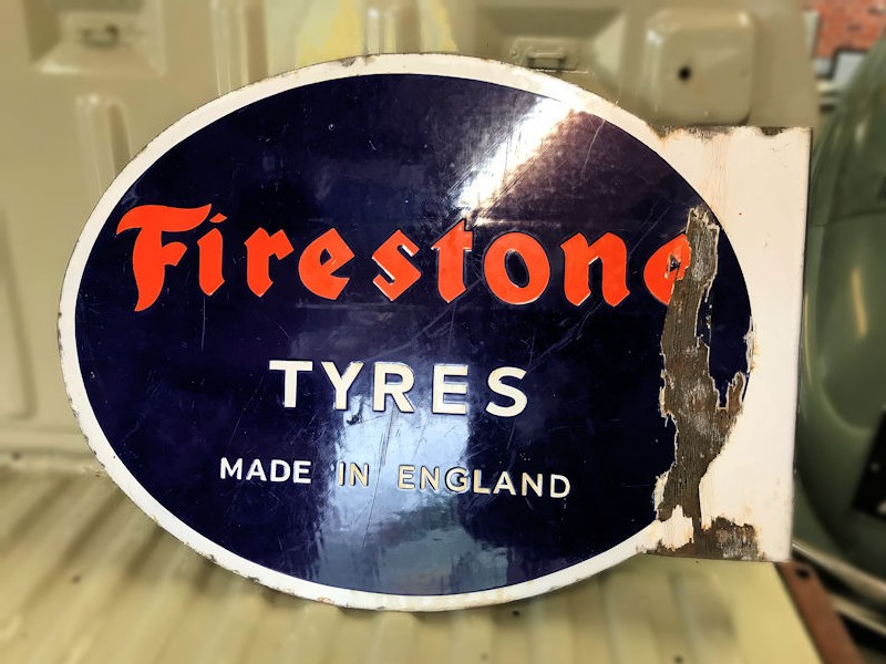 Original double sided enamel Firestone Tyres Made In England flange sign